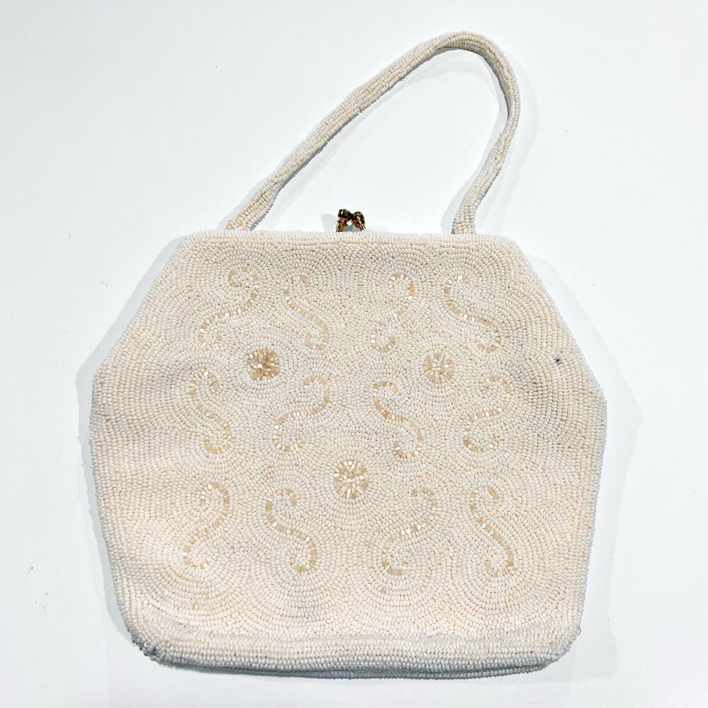 Vintage 60s 50s Cream Glass Beaded Evening Clutch Carson Pirie Scott Purse Bag